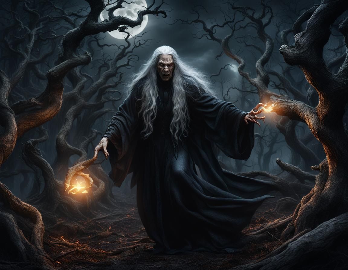 Wrinkled Witch Casting Spell in Dark Forest