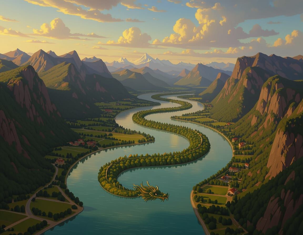 Dragon River Valley: Fantasy Oil Painting