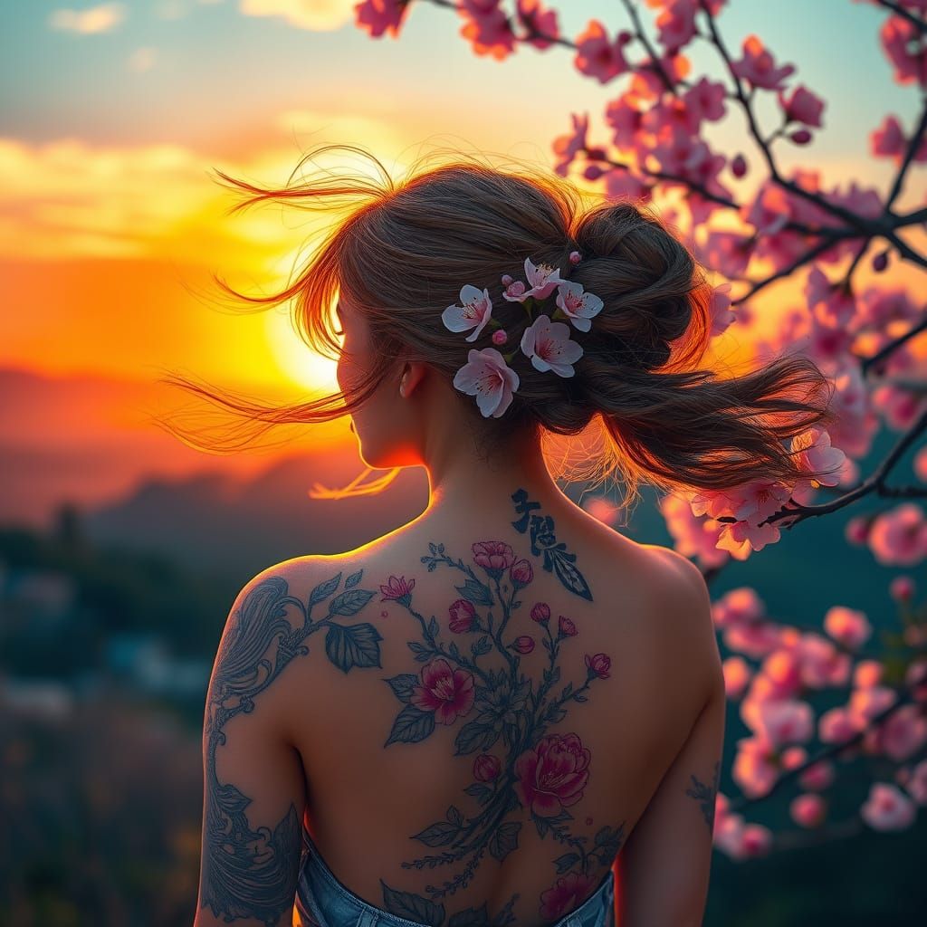 Intricate Digital Painting of Woman Watching Sunset Amidst C...