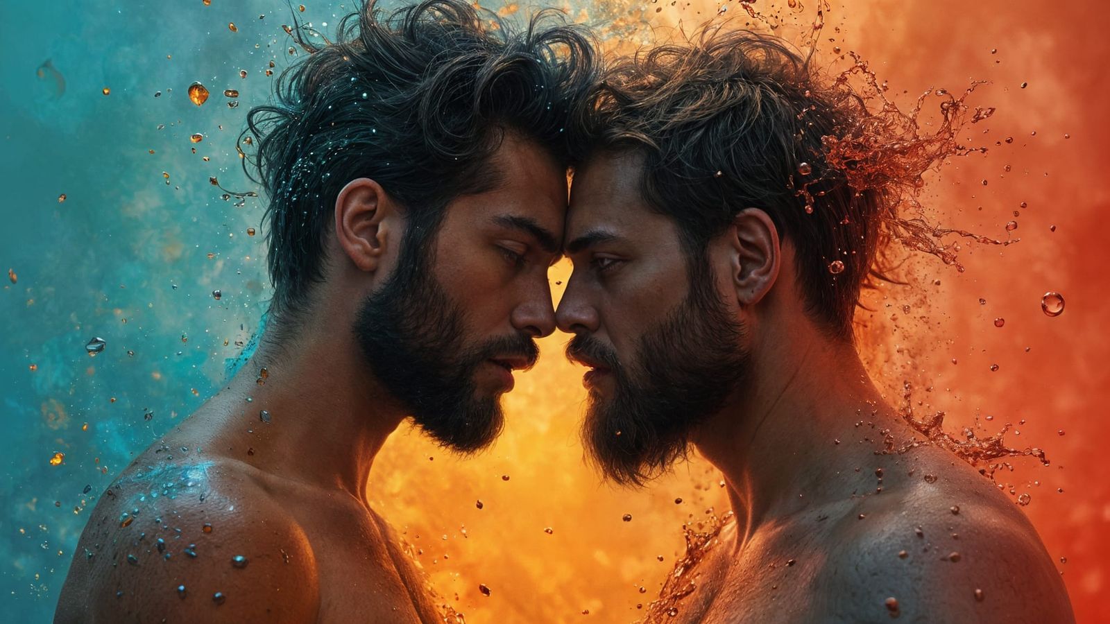 Vibrant Hyperrealistic Splash Art of Men Embracing