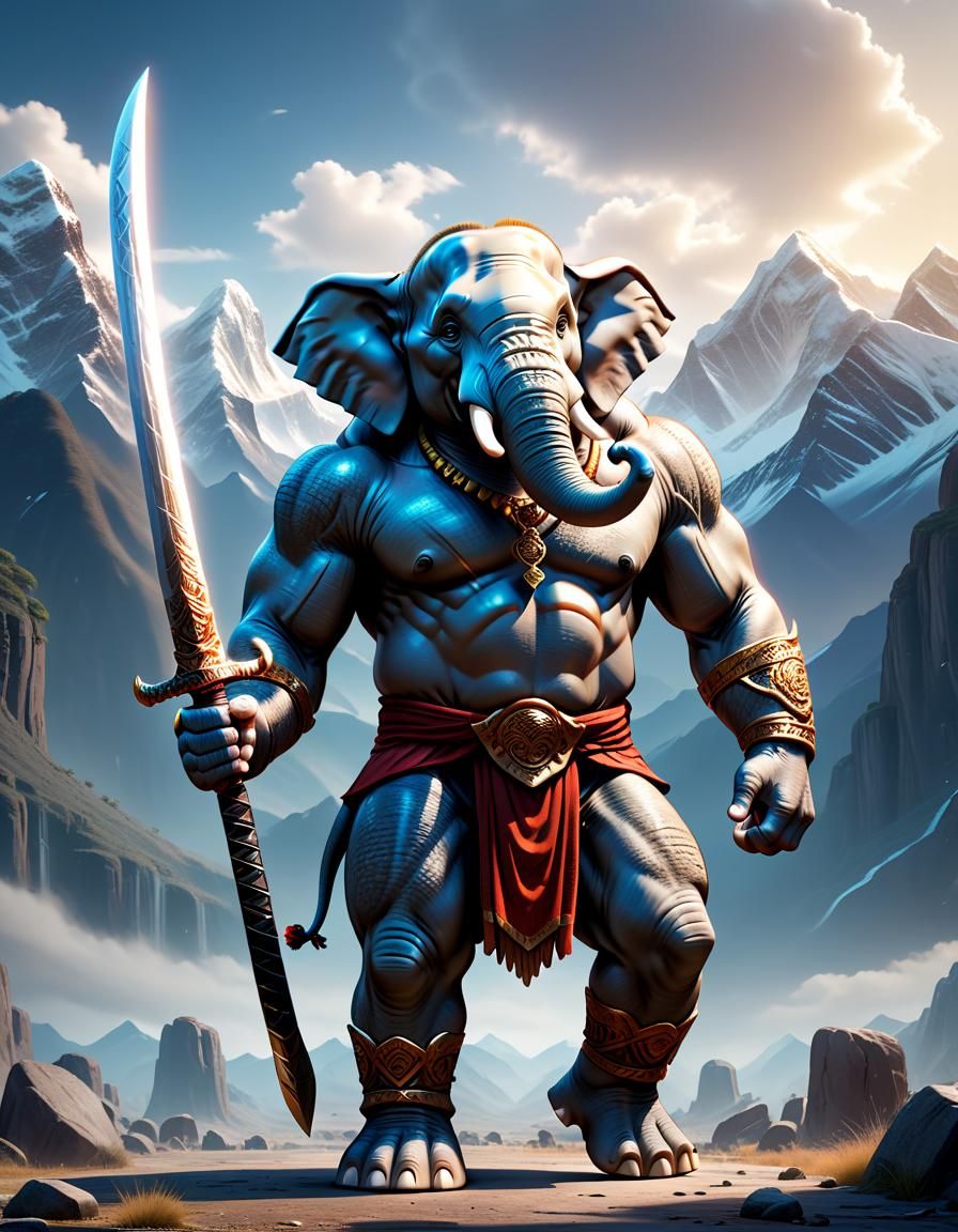 Muscular Elephant Warrior in the Himalayas