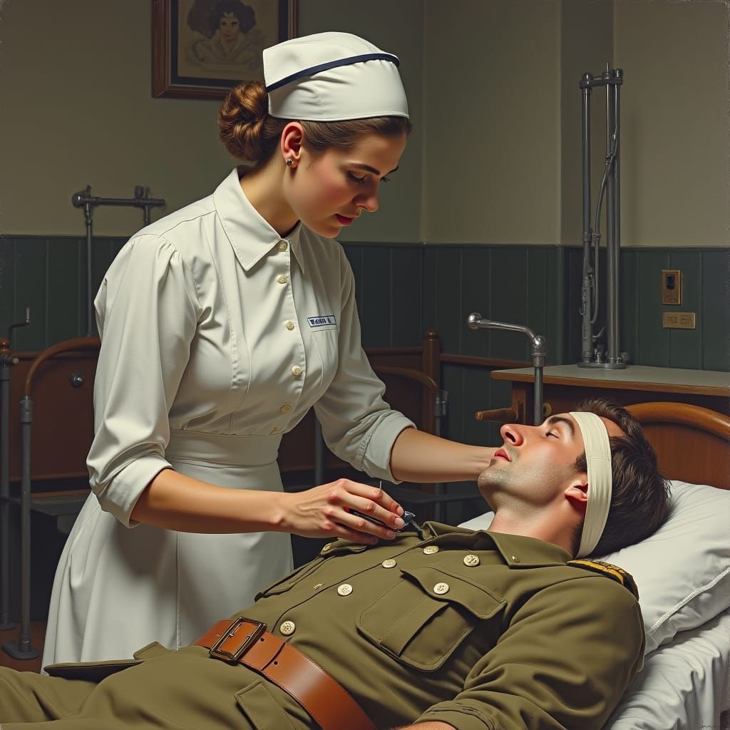WWII Nurse Assists Soldier: War Art Style