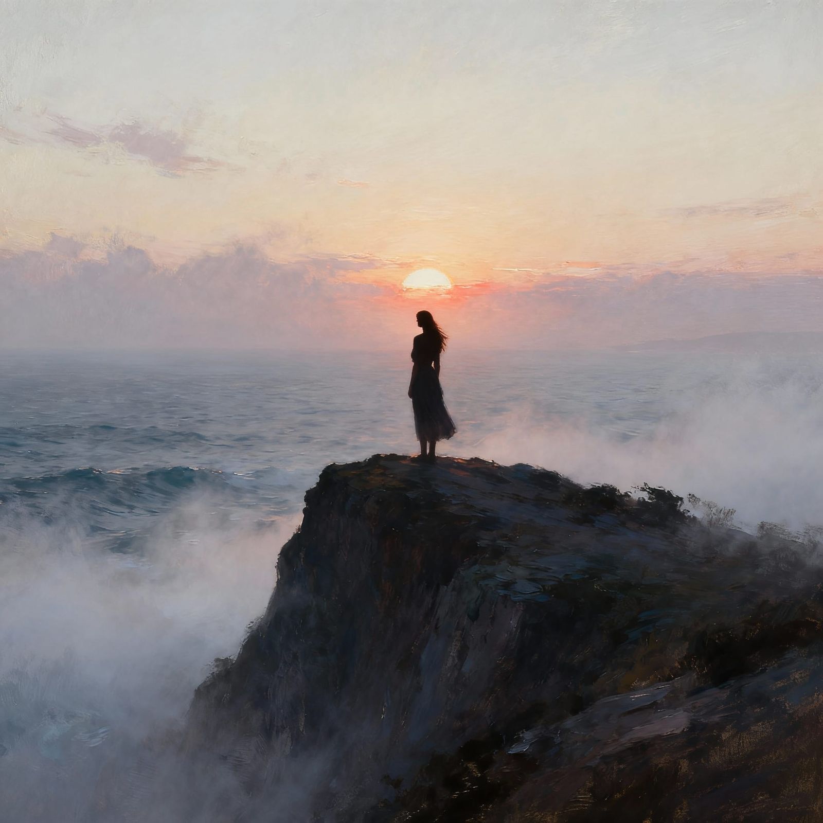 Woman on Cliff Overlooking Misty Ocean at Dawn