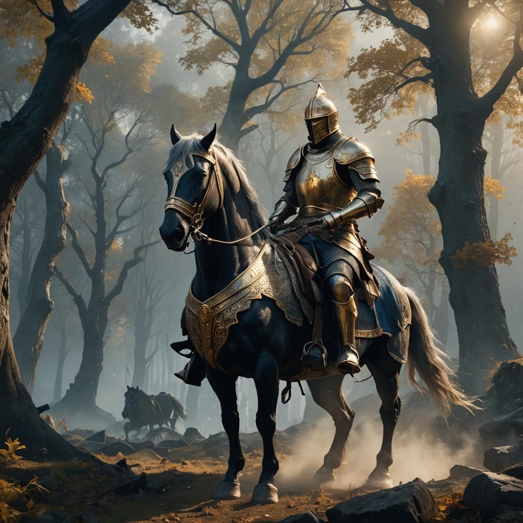 Knight on Horseback in Misty Forest