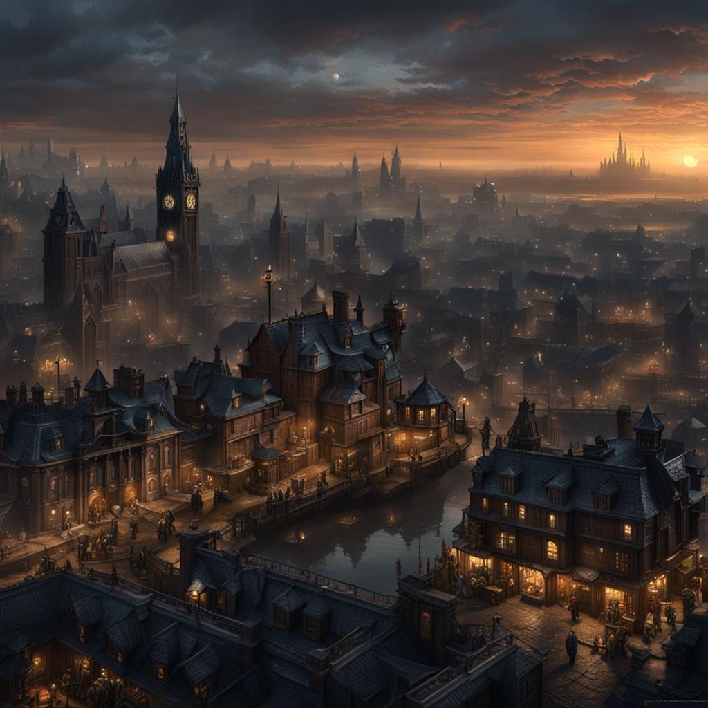 Victorian City of Tarant at Dusk: Dark Fantasy Art