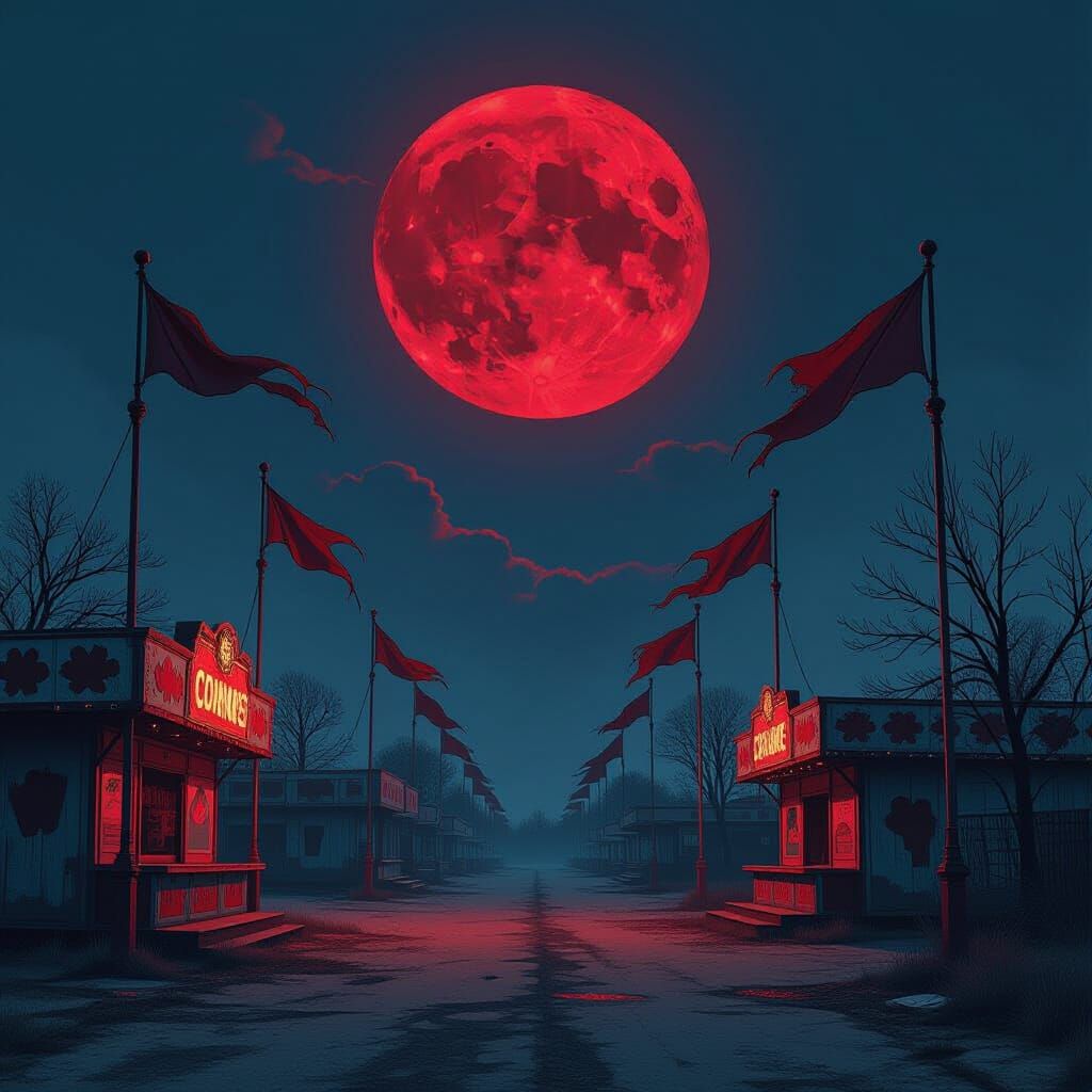 Deserted Carnival Under Crimson Moon in Digital Art Style
