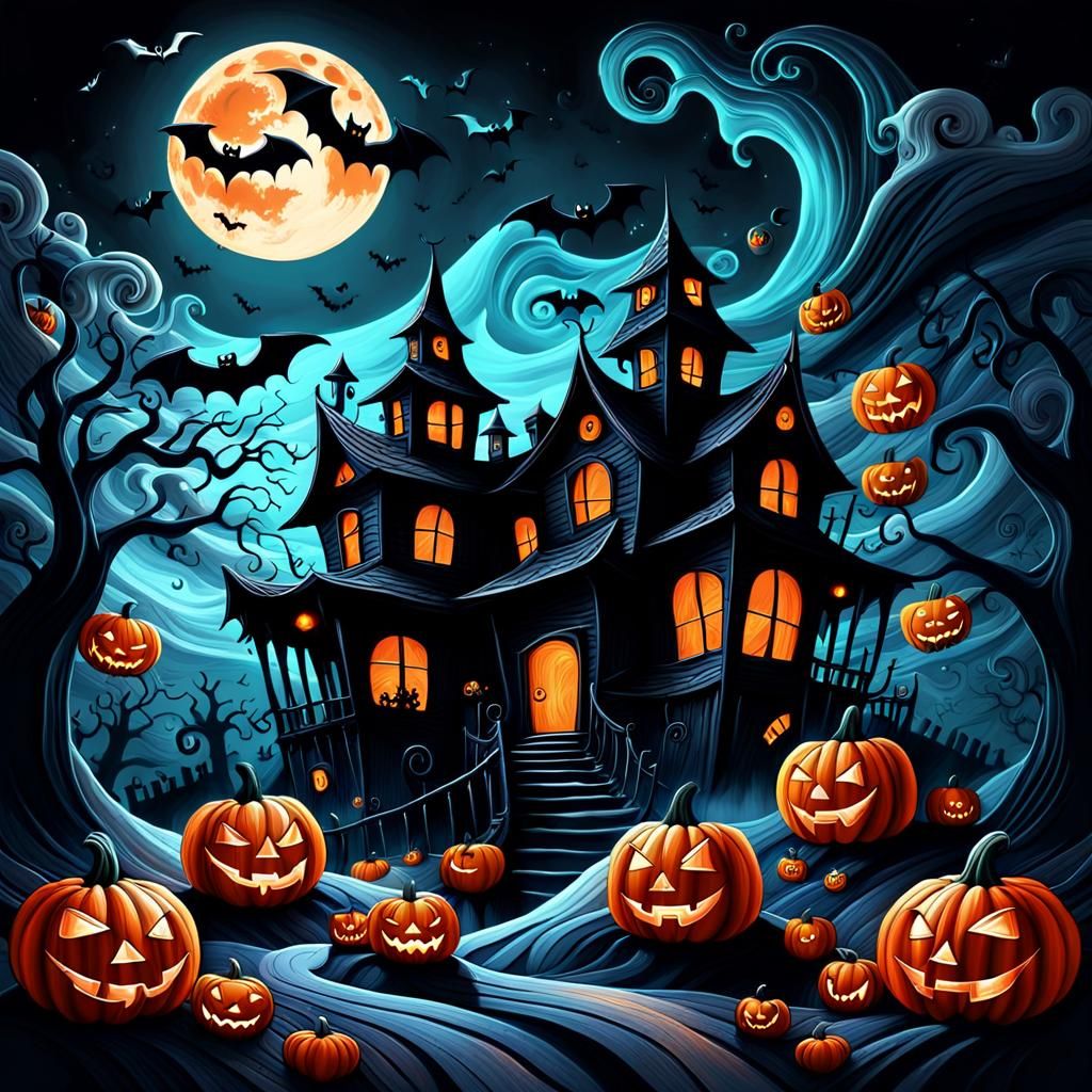 Surreal Halloween Landscape with Haunted House in Digital Ar...