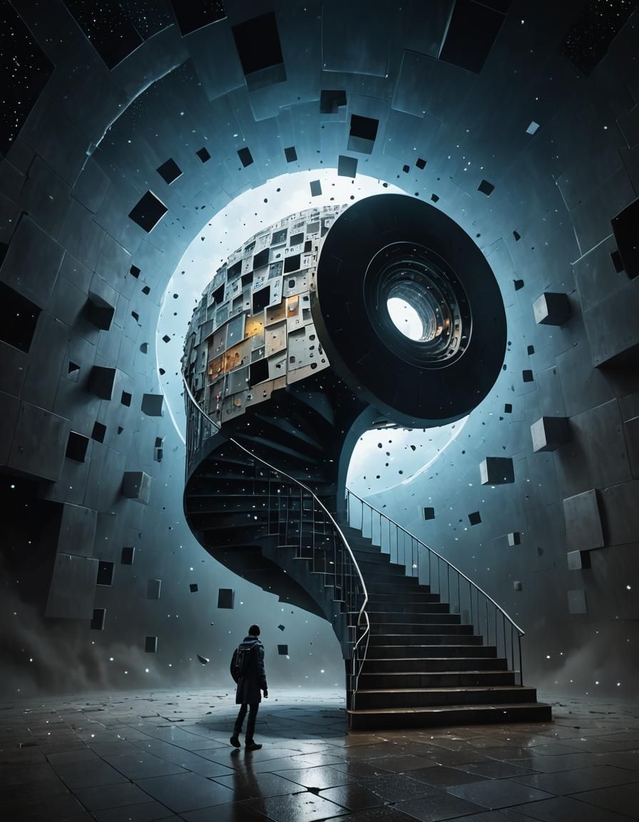 Cosmic Surreal Human with Spiral Staircases
