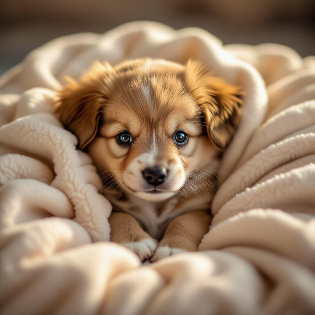 Tiny Newborn Puppy in Golden Hour Light