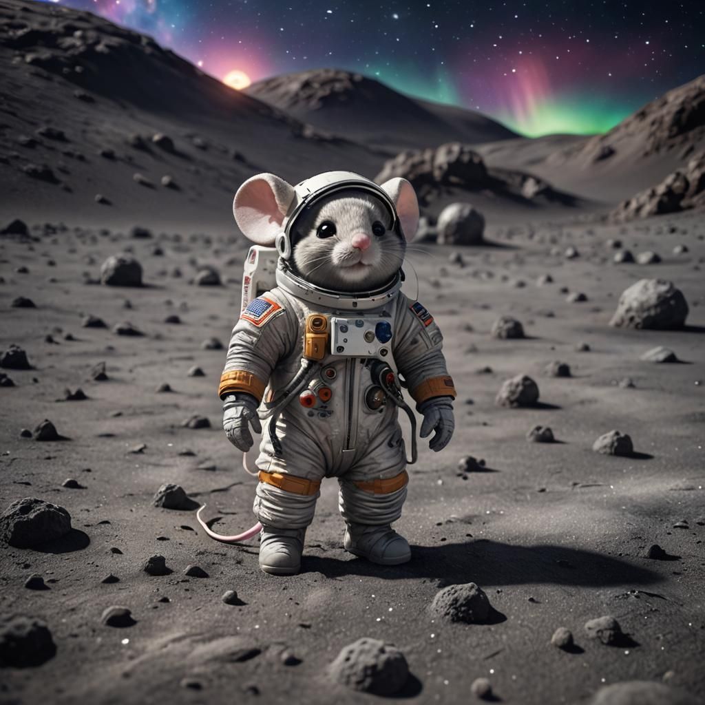 Chibi Mouse Astronaut on the Moon: Hyper-Realistic Photo