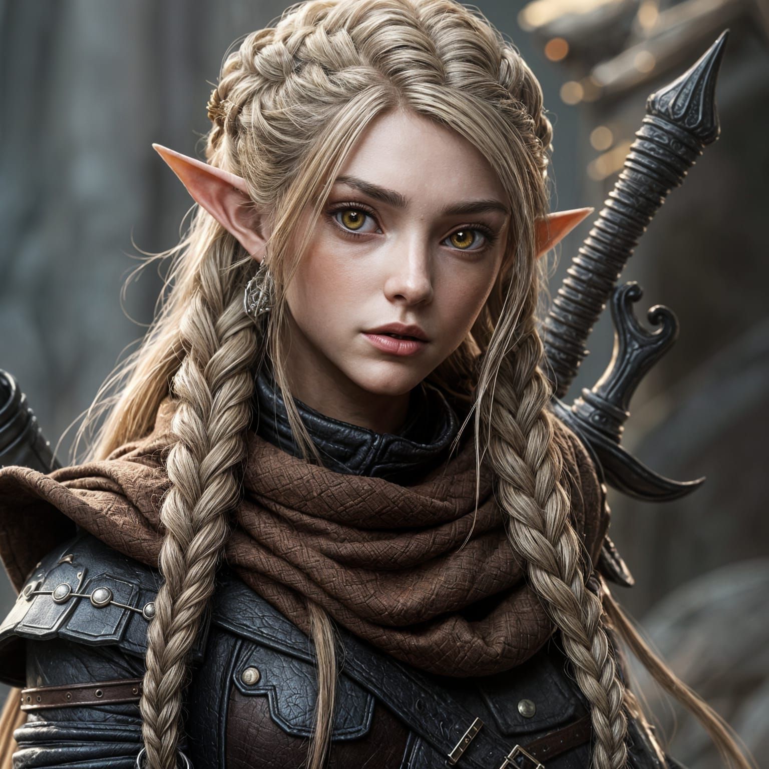 hyperdetailed photo, braided blonde haired medieval female w...