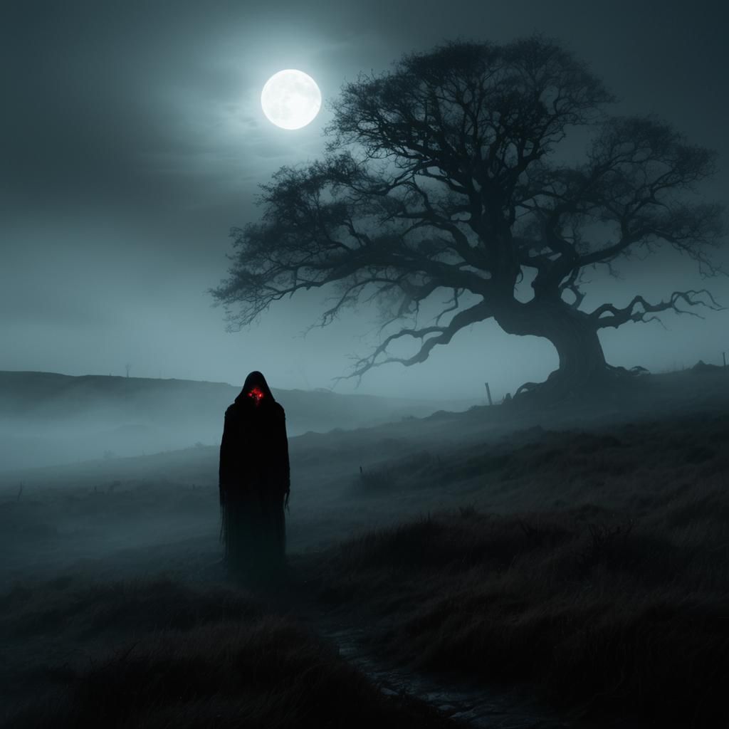 Create a haunting artwork depicting a solitary figure standi...