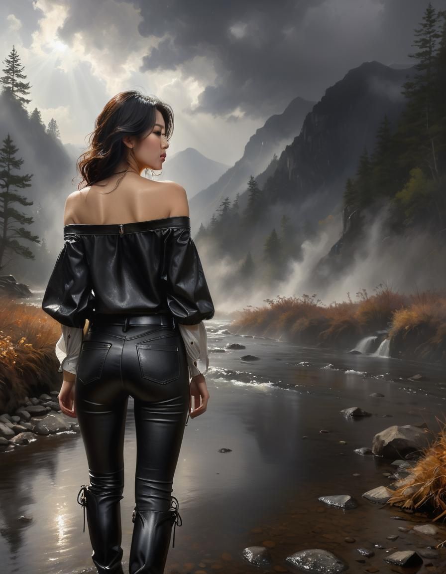 Korean Woman in Misty Morning Rain, Chiaroscuro Oil