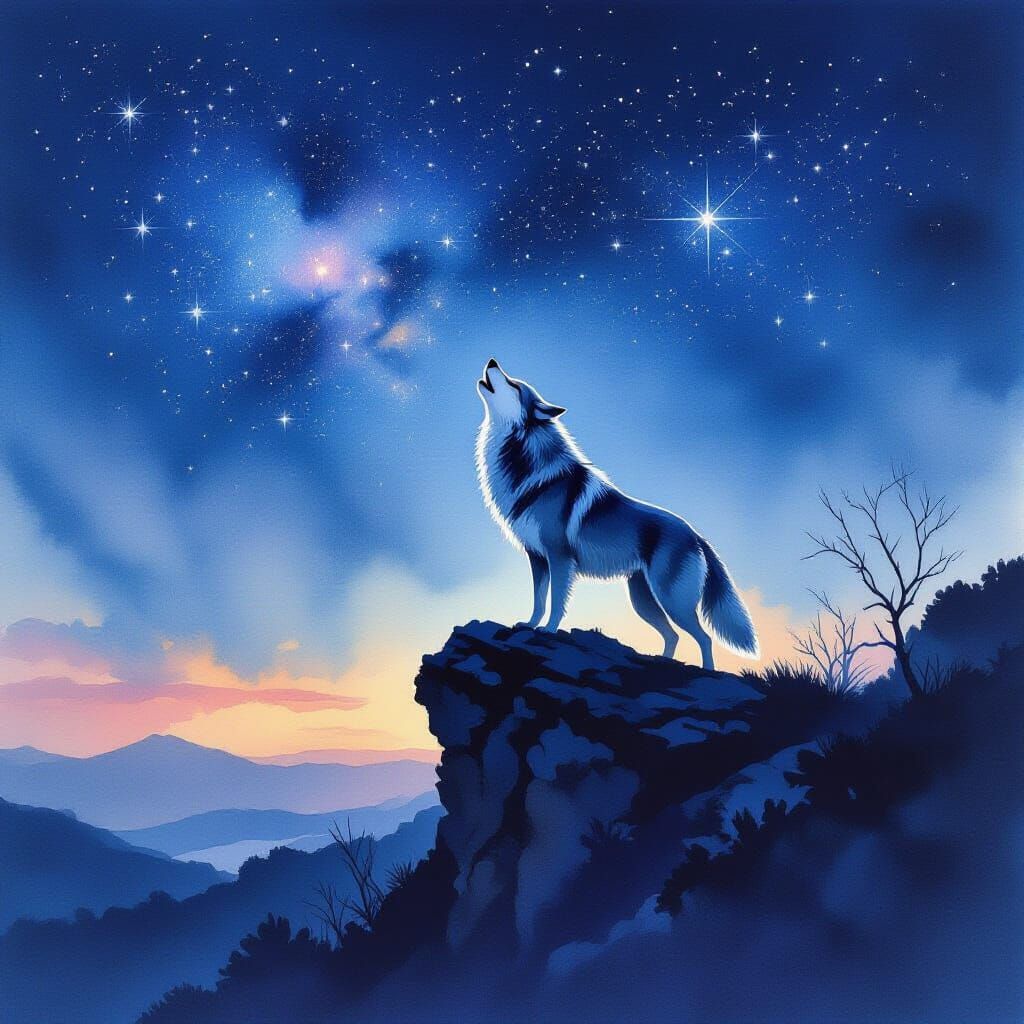 Silver Wolf Howling at Twilight Sky in Watercolor Style