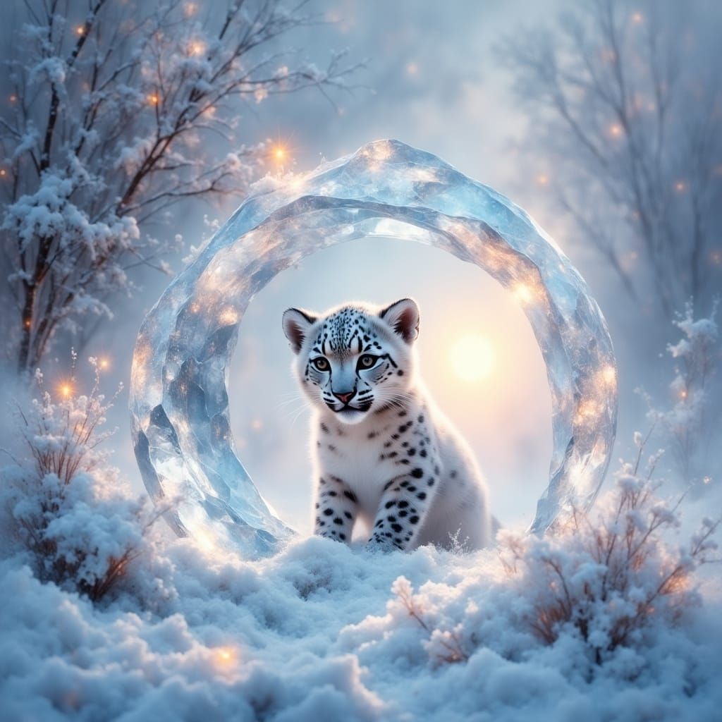 Snow Leopard Cub Behind Glowing Ice Crystal