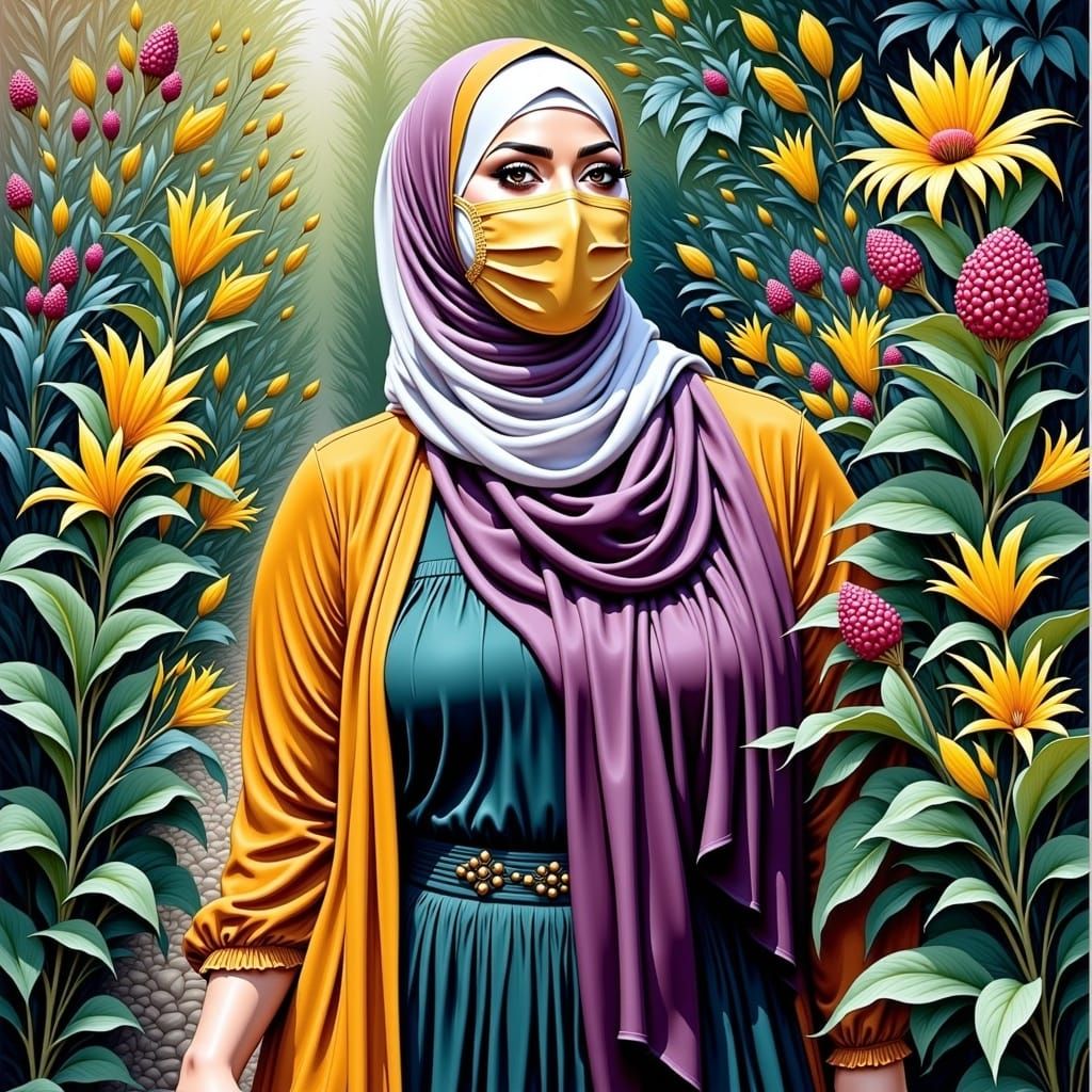 Chubby Hijabi in Botanic Garden: Oil-Guache Painting
