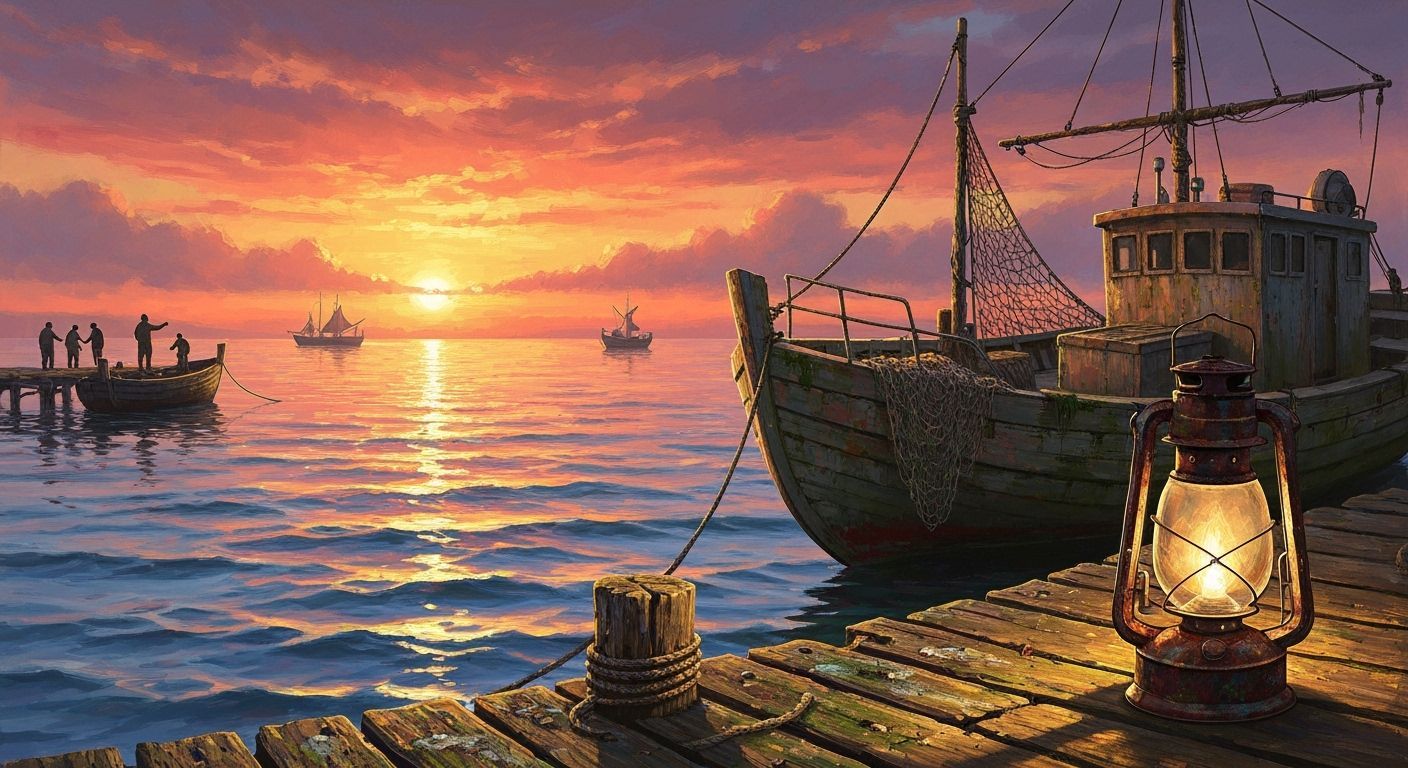 Old Harbor at Sunset in Impasto Style