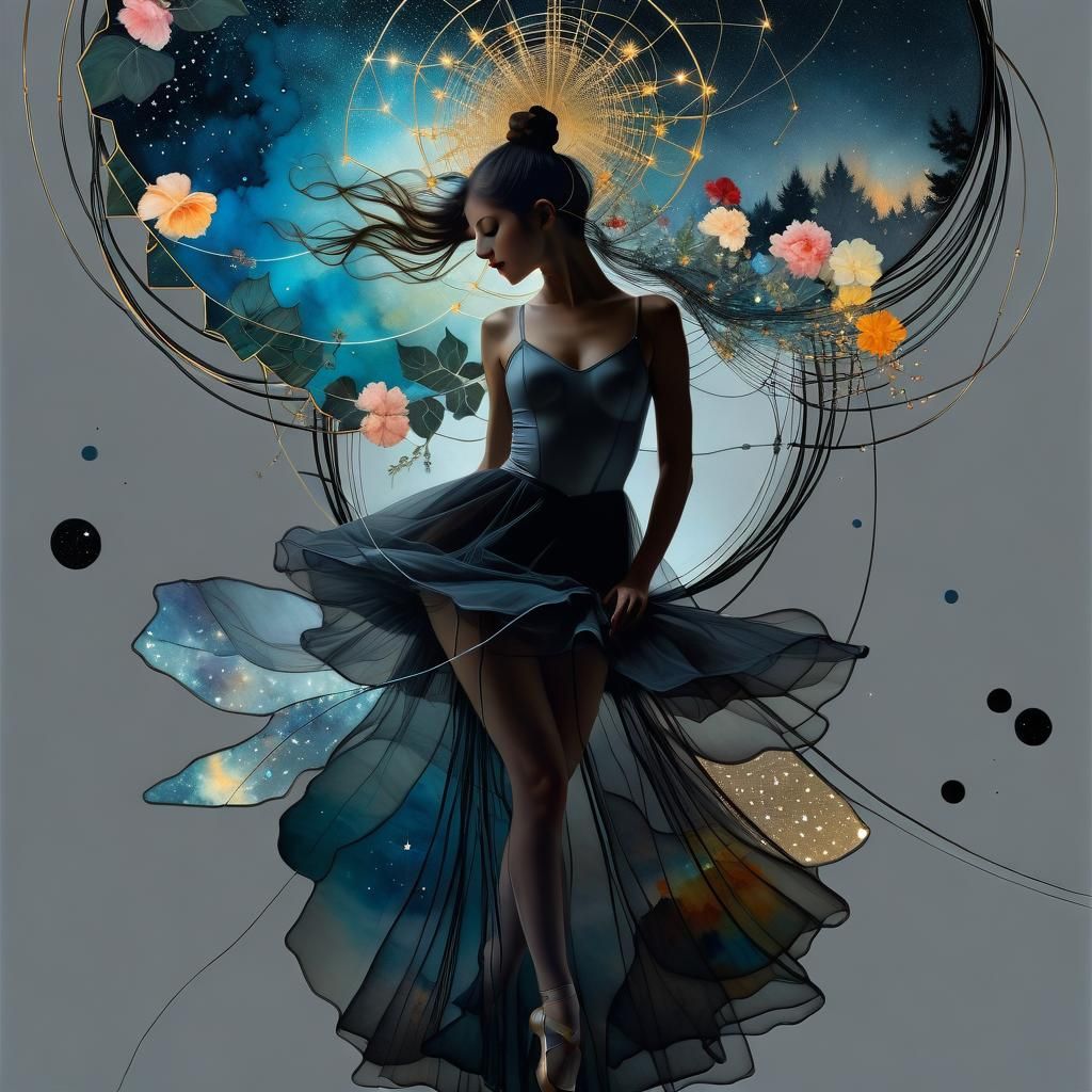 Ballerina Double Exposure: Watercolor Floral Collage