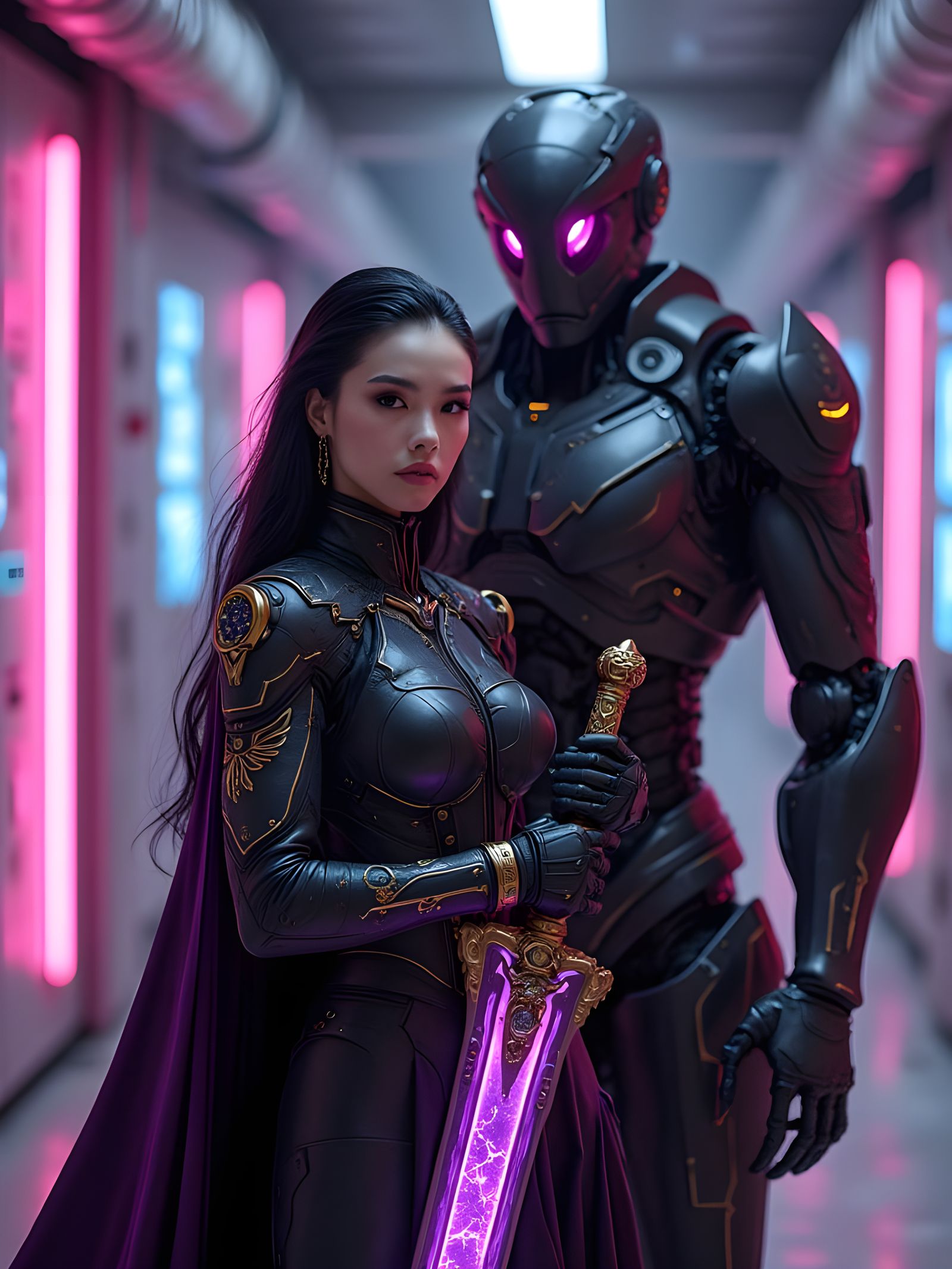 Cybernetic Warrior Queen in Neon Corridor