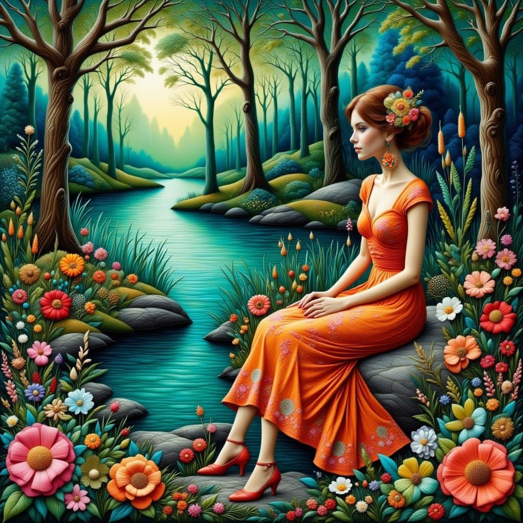 Enchanting Woman by Pond in Collage Style
