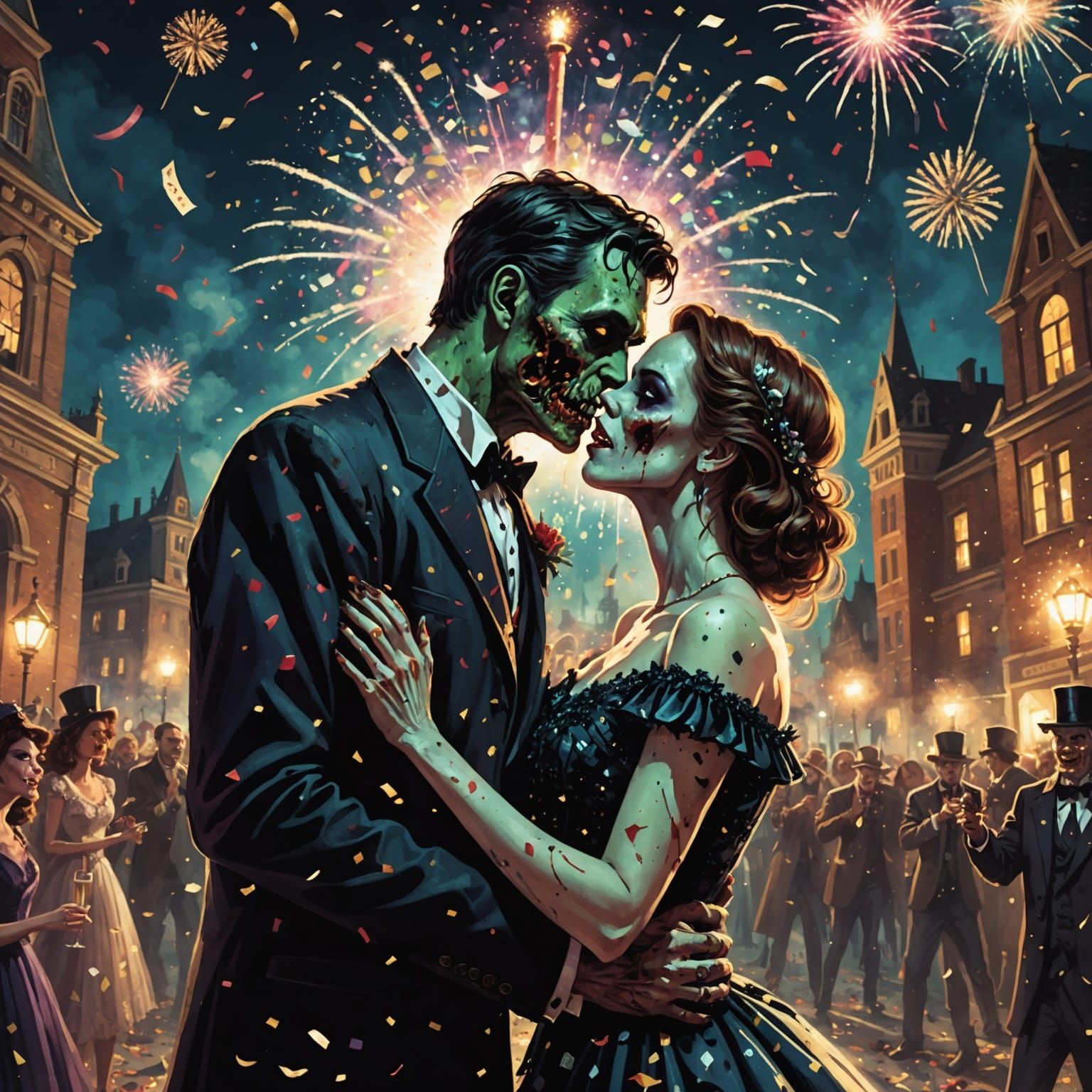 Zombie Couple's Romantic Midnight Kiss in Horror Comedy Styl...