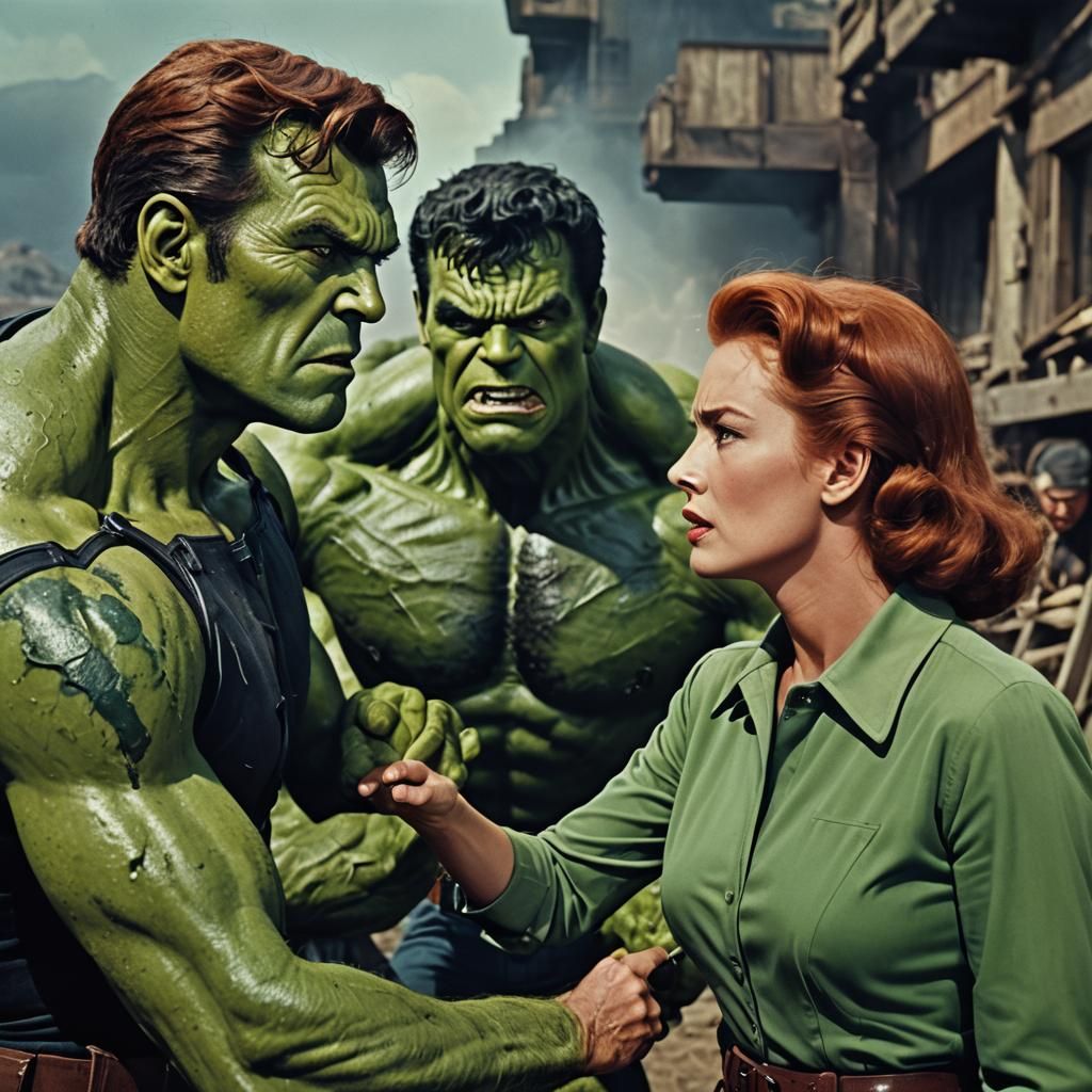 Black Widow Calming Hulk in Cinematic Film Still