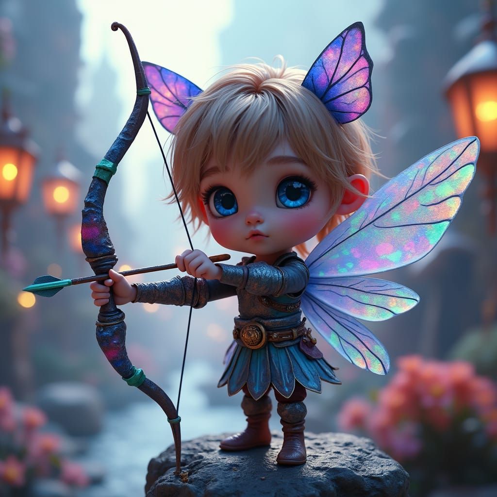 Epic Fantasy Fairy Archer in Futuristic Cityscape