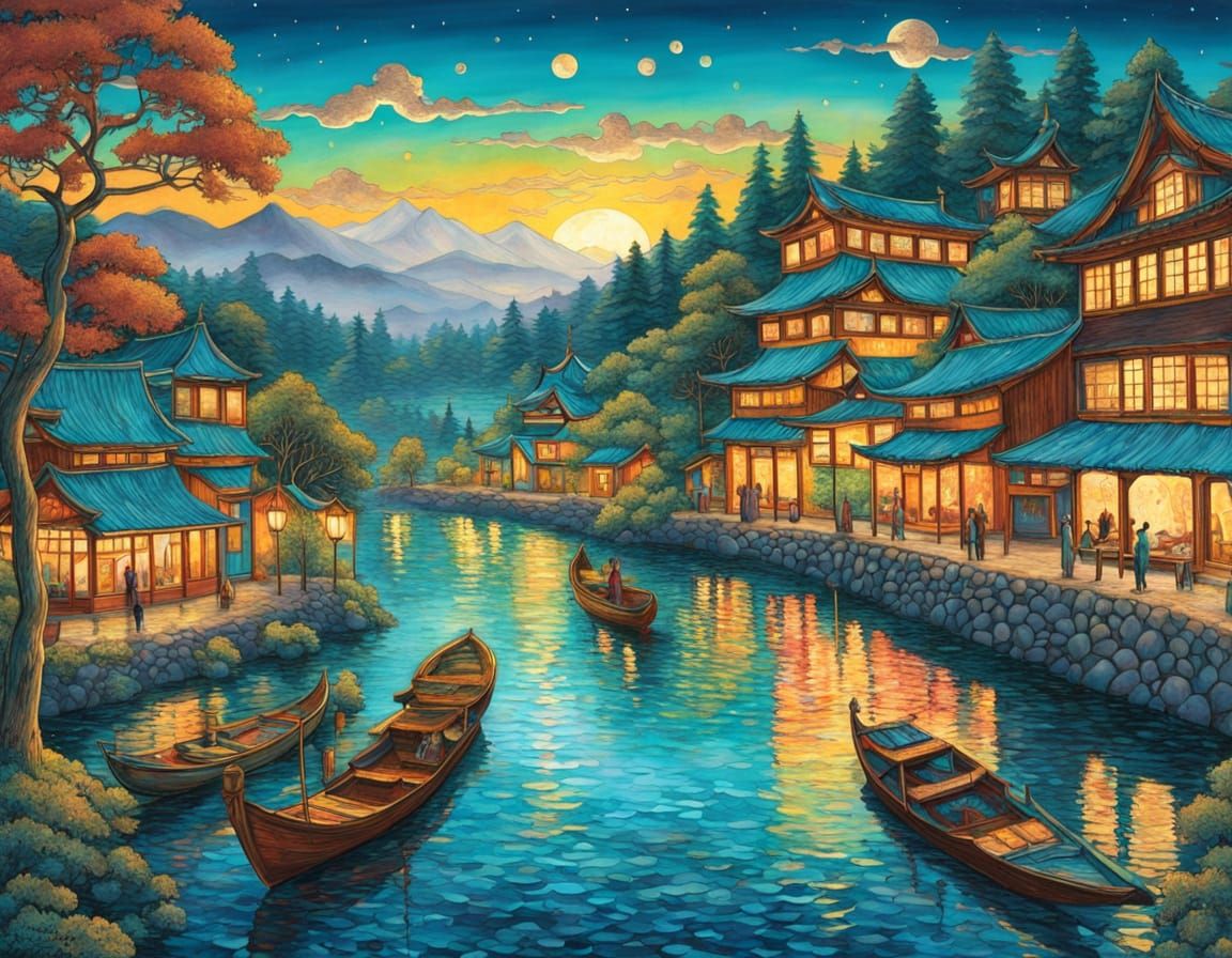 Ukiyo-e Village with Glowing Lanterns and Ombre Sky