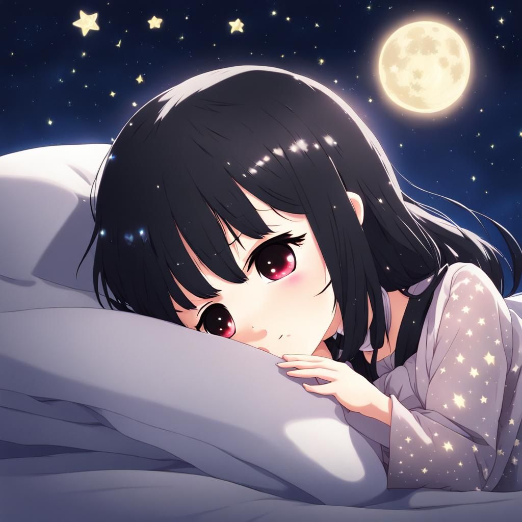 Chibi Girl Sleeping in Starry Clothes, Anime Style