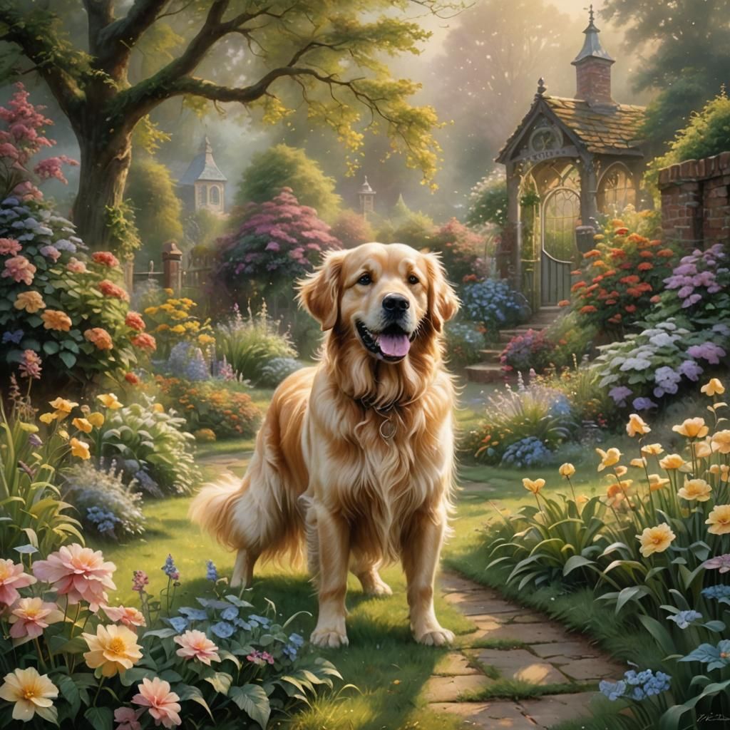Playful Golden Retriever in Ethereal Garden