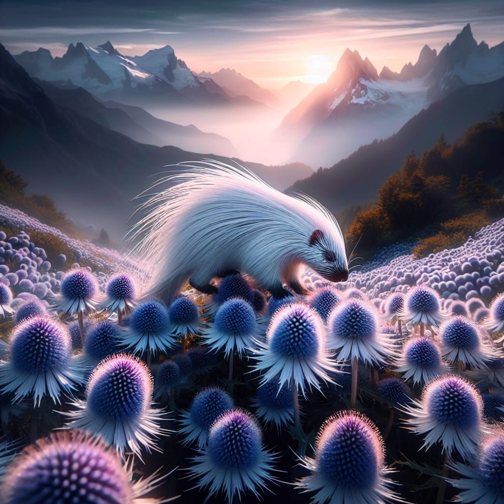 White Porcupine in Eryngium Alpinum Flowers
