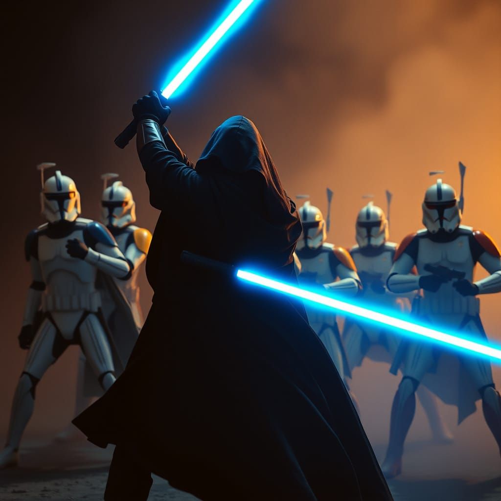 Jedi Confronts Clone Troopers in a Cinematic Lightsaber Duel