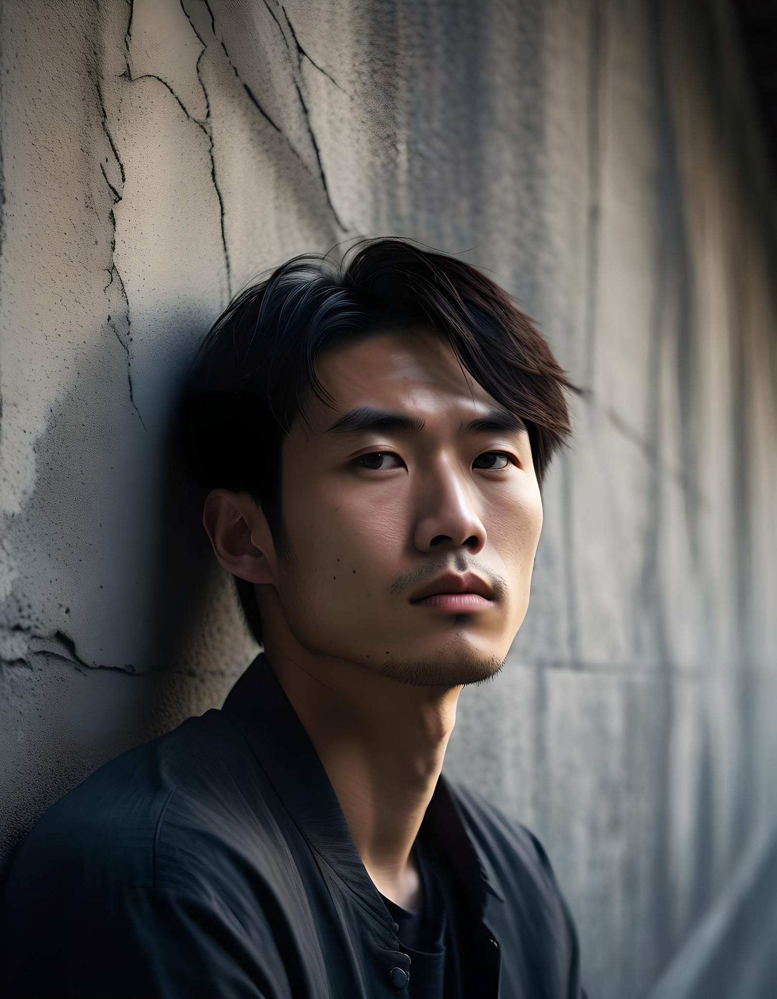 Contemplative Japanese Man Portrait with Concrete Background