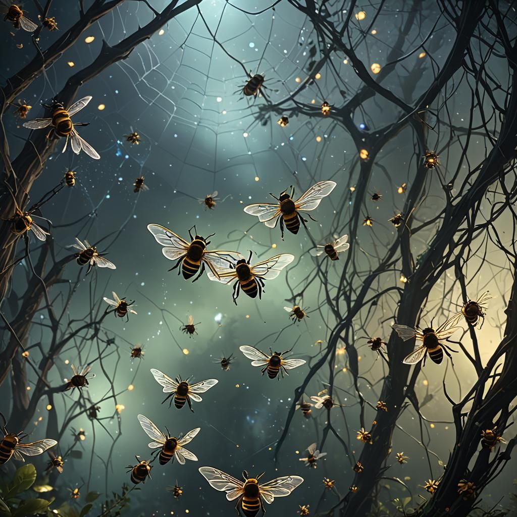 Bees Dancing in a Hollow at Night in Digital Art Style