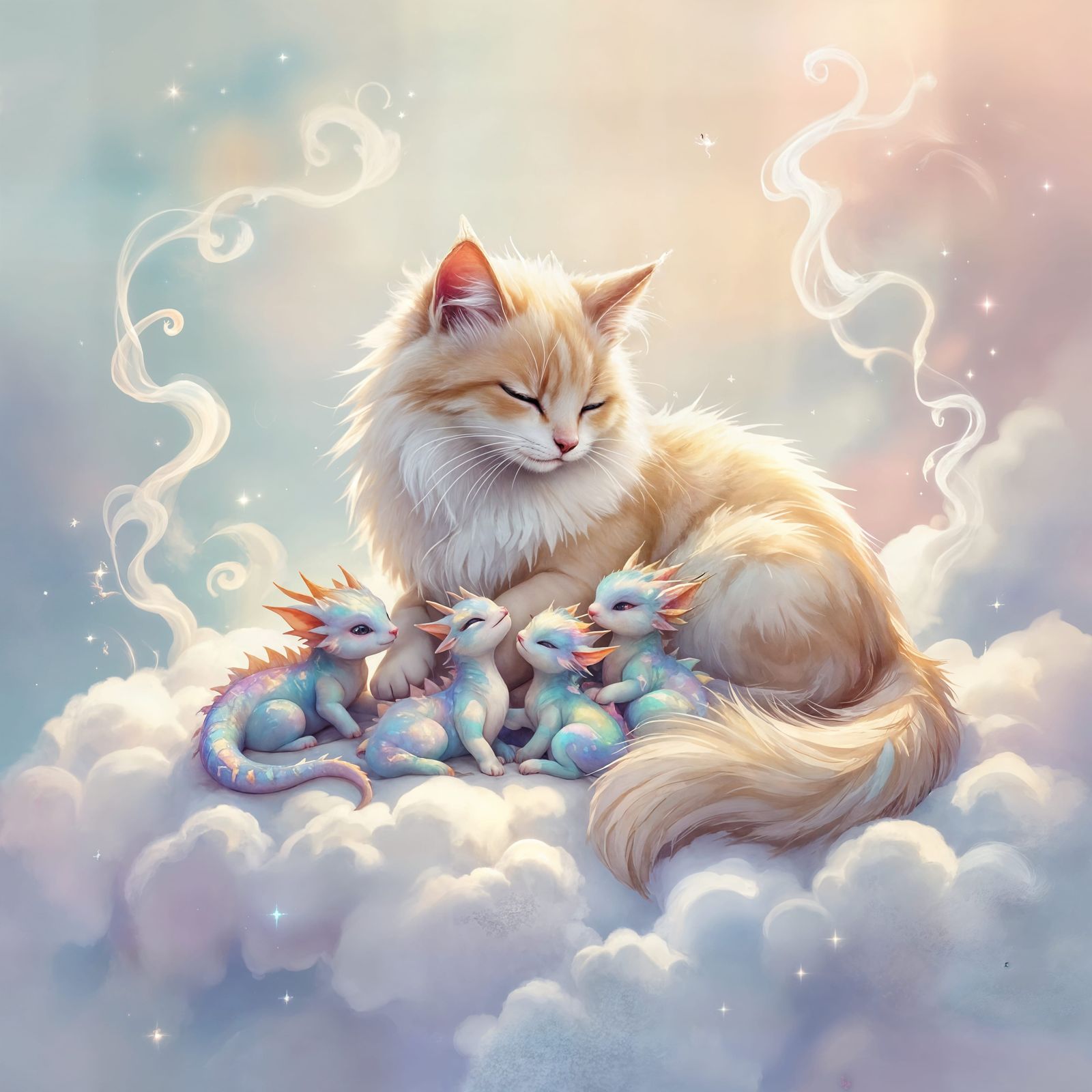Mother Cat Tends to Baby Dragons on a Cloud