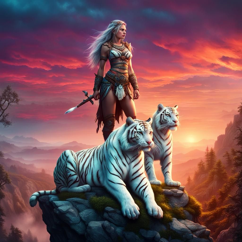 Barbarian Woman and White Tiger in Fairy Forest