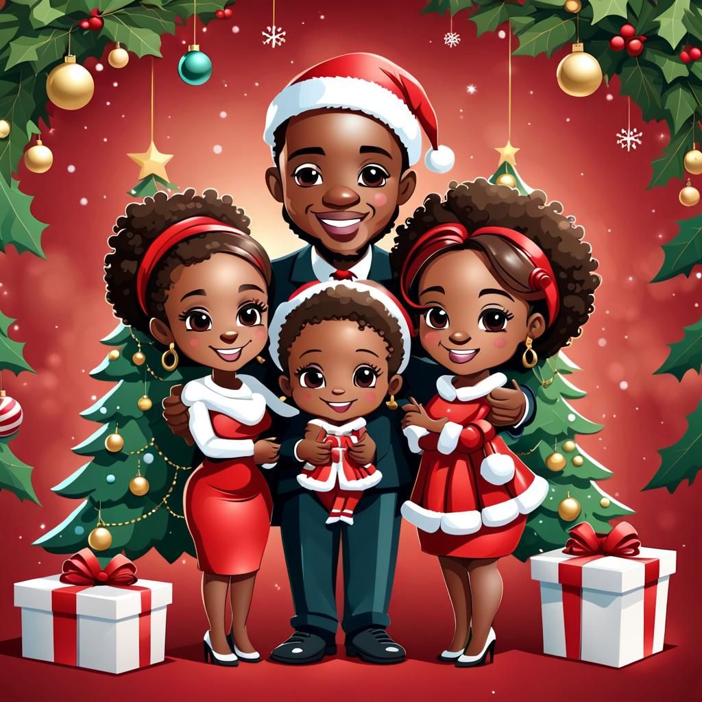 Chibi African American Family Christmas Portrait in 3D