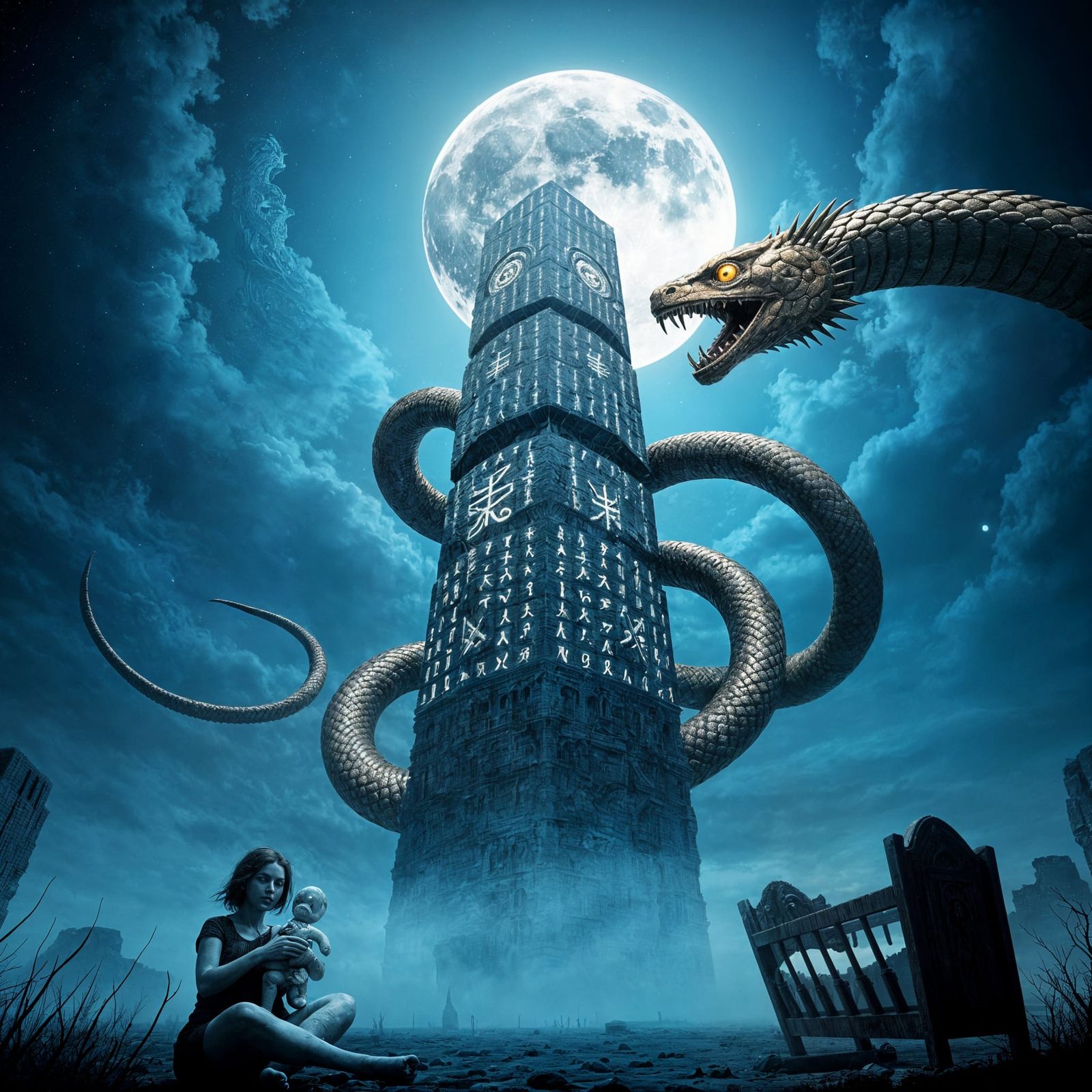 Surreal Totem and Serpent Under Silver Moon