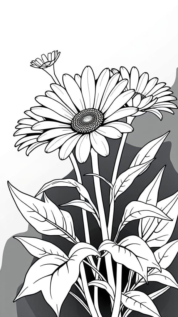 Bold Black and White Line Art of Daisy Flowers with 3D Textu...