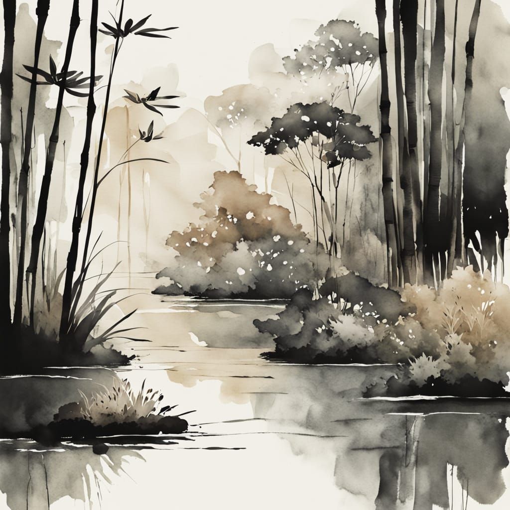 Bamboo Forest in Serene Ink Wash Style