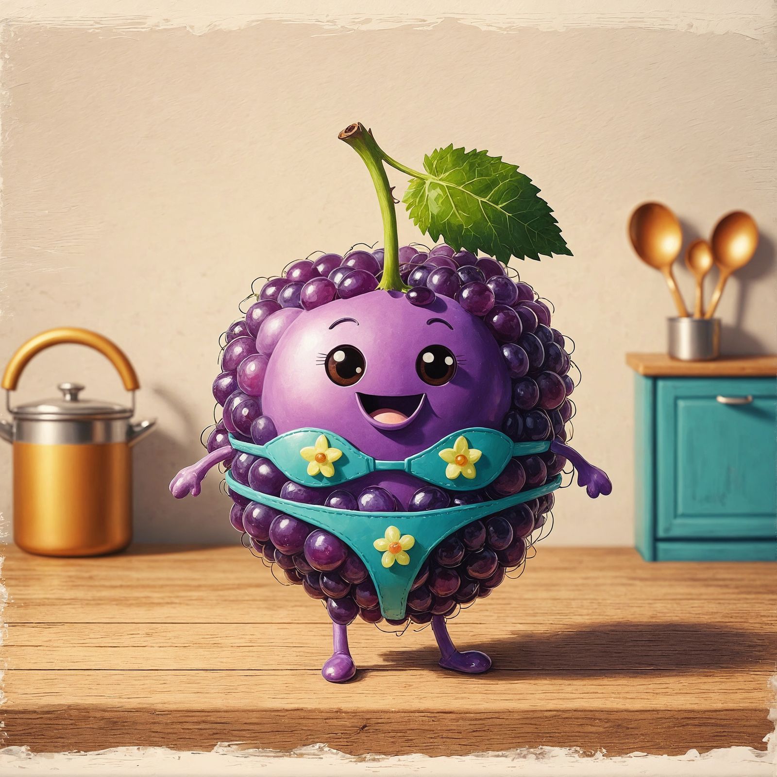 Smiling Cartoon Grape in Kitchen Oil Painting