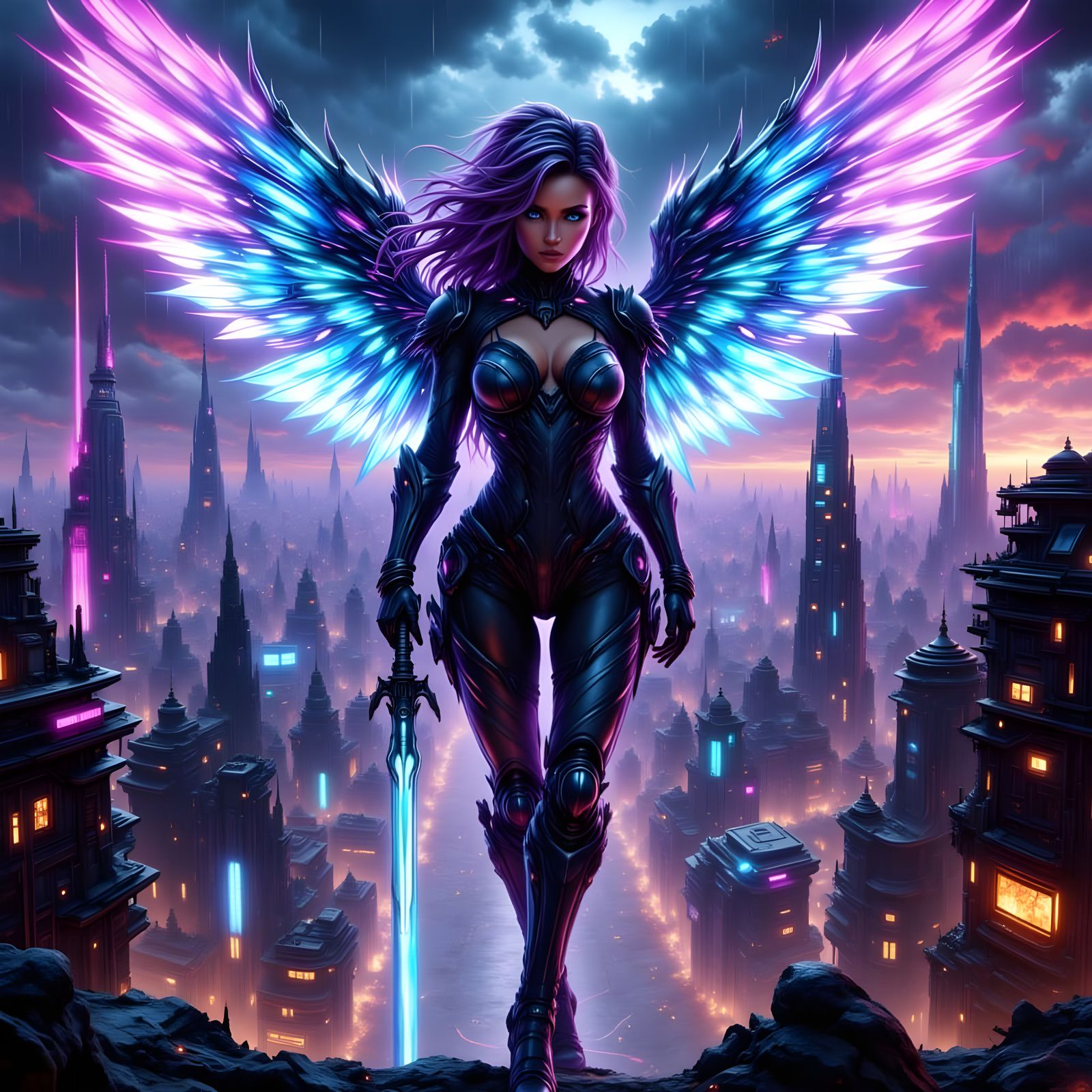 Cyberpunk Valkyrie Soars Over Neon Metropolis
