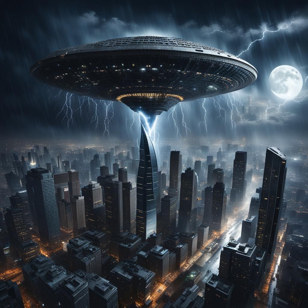 Spaceship Enters City During Thunderstorm