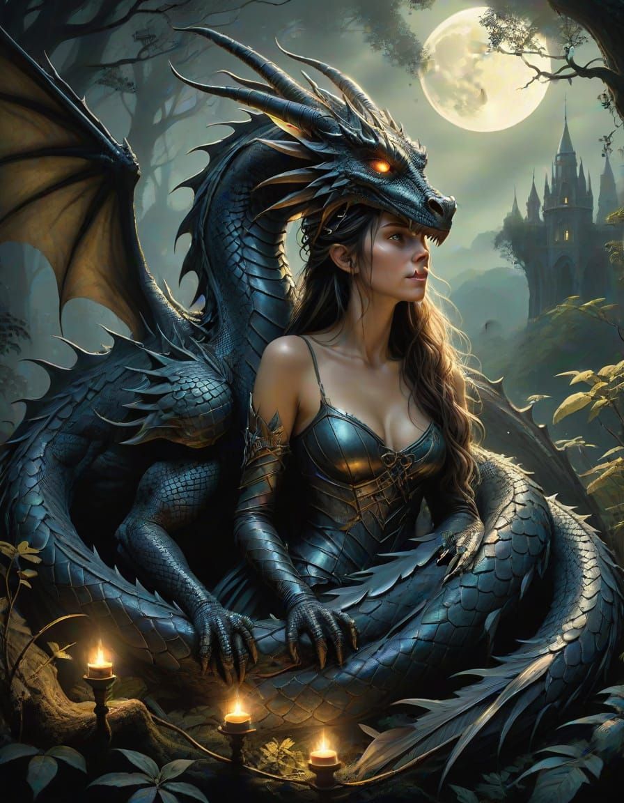 Woman and Dragon in Moonlit Forest, in a Cinematic Style