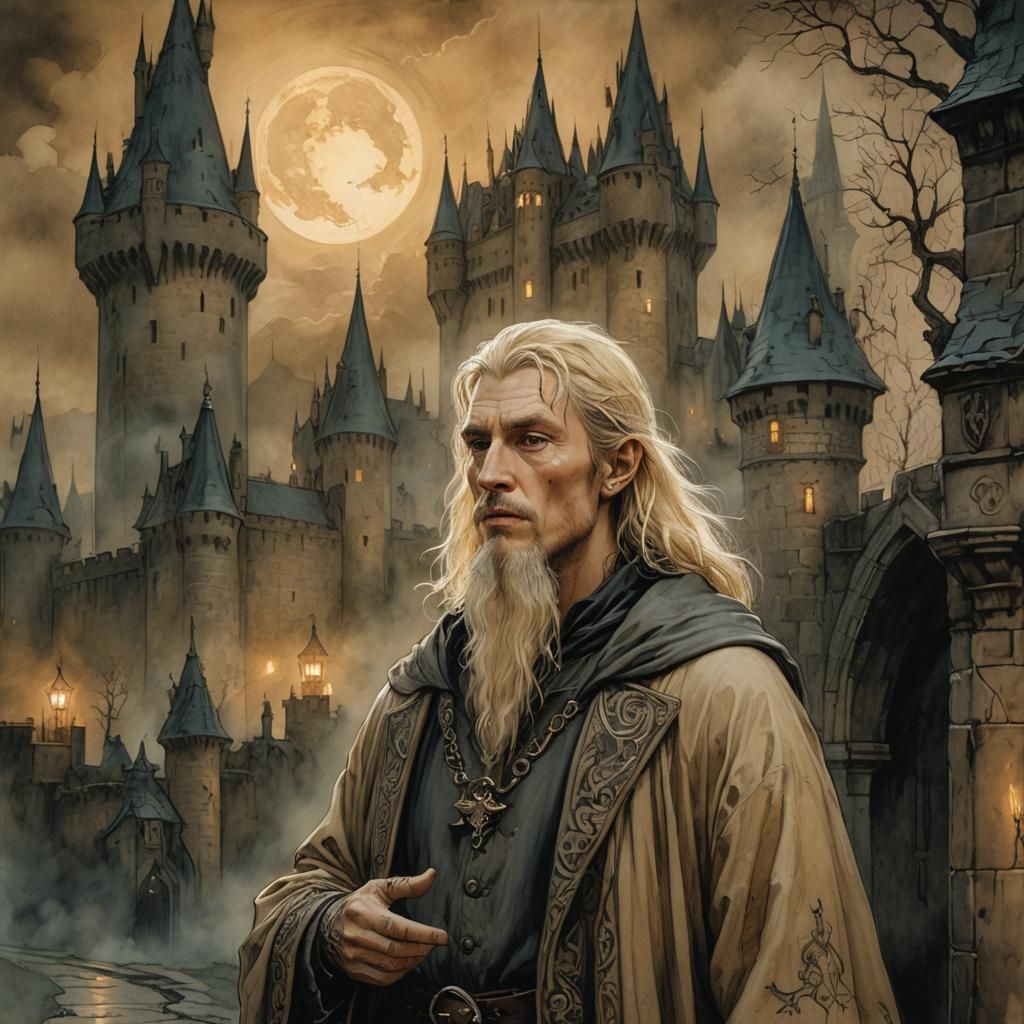 Wizard at Castle Gate, Arthur Rackham Style