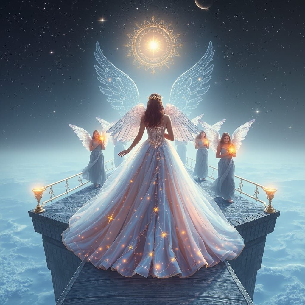 Celestial Empress Leads Procession Over Starry Ocean