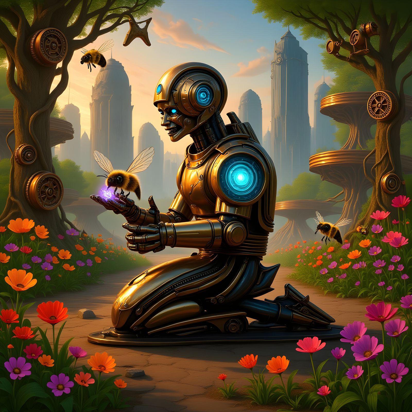 Mechanized Cyberpunk Garden with Robotic Bees