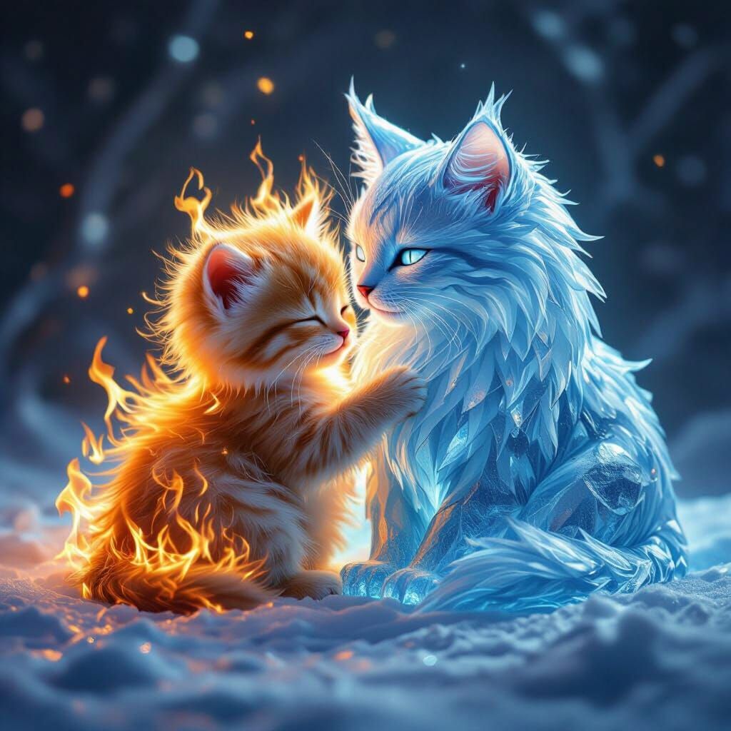 Fiery Kitten With Ice Mother In Dreamlike Light