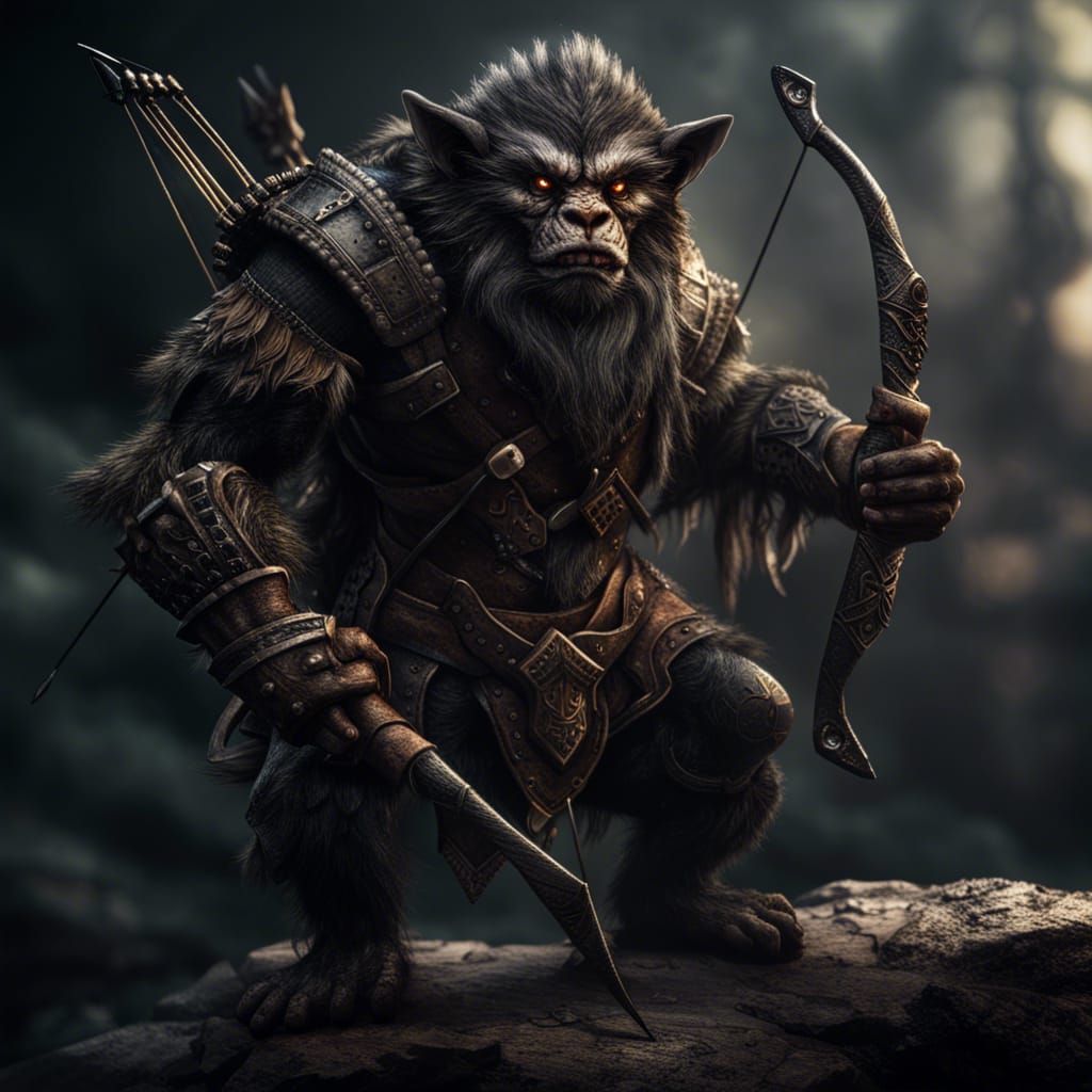 Hyperrealistic Bugbear with Bow, Cinematic Composition