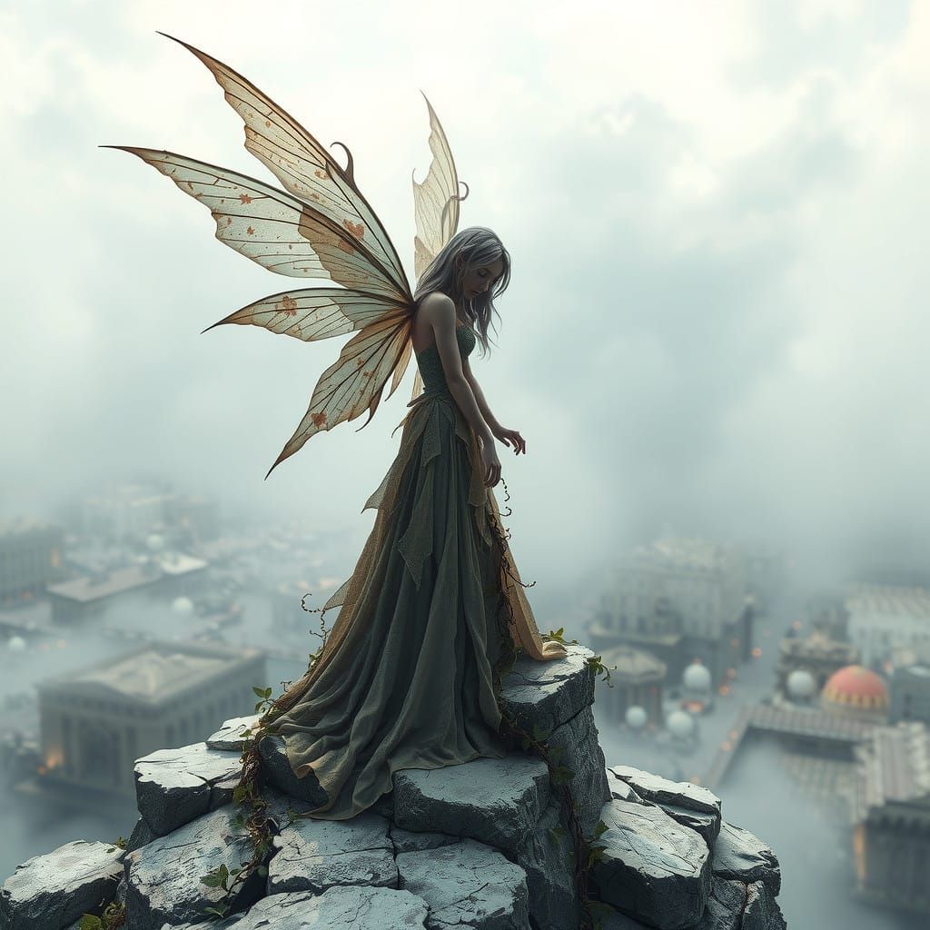 Surreal Fantasy Fairy Confronts Ancient Ruins in Hyperdetail...